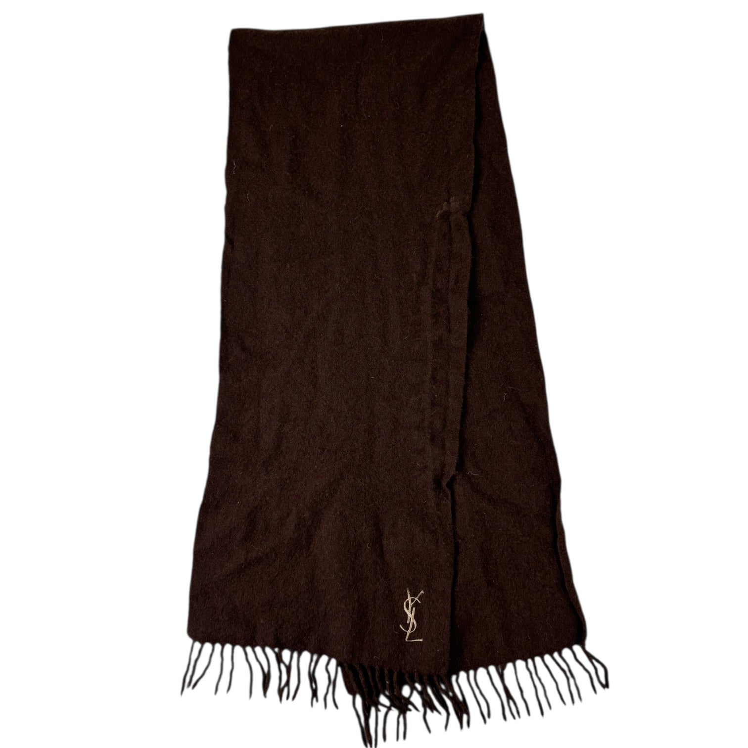 YSL Embroidered Wool Scarf Brown