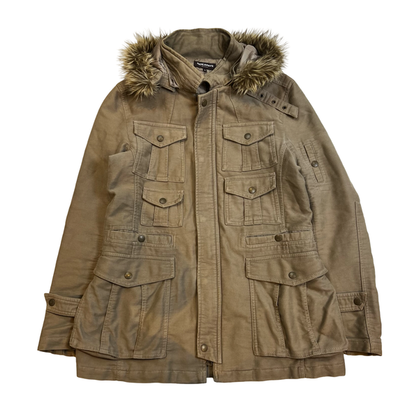 Hideaways Nicole Khaki Canvas Cargo Pocket Fur Trim Jacket