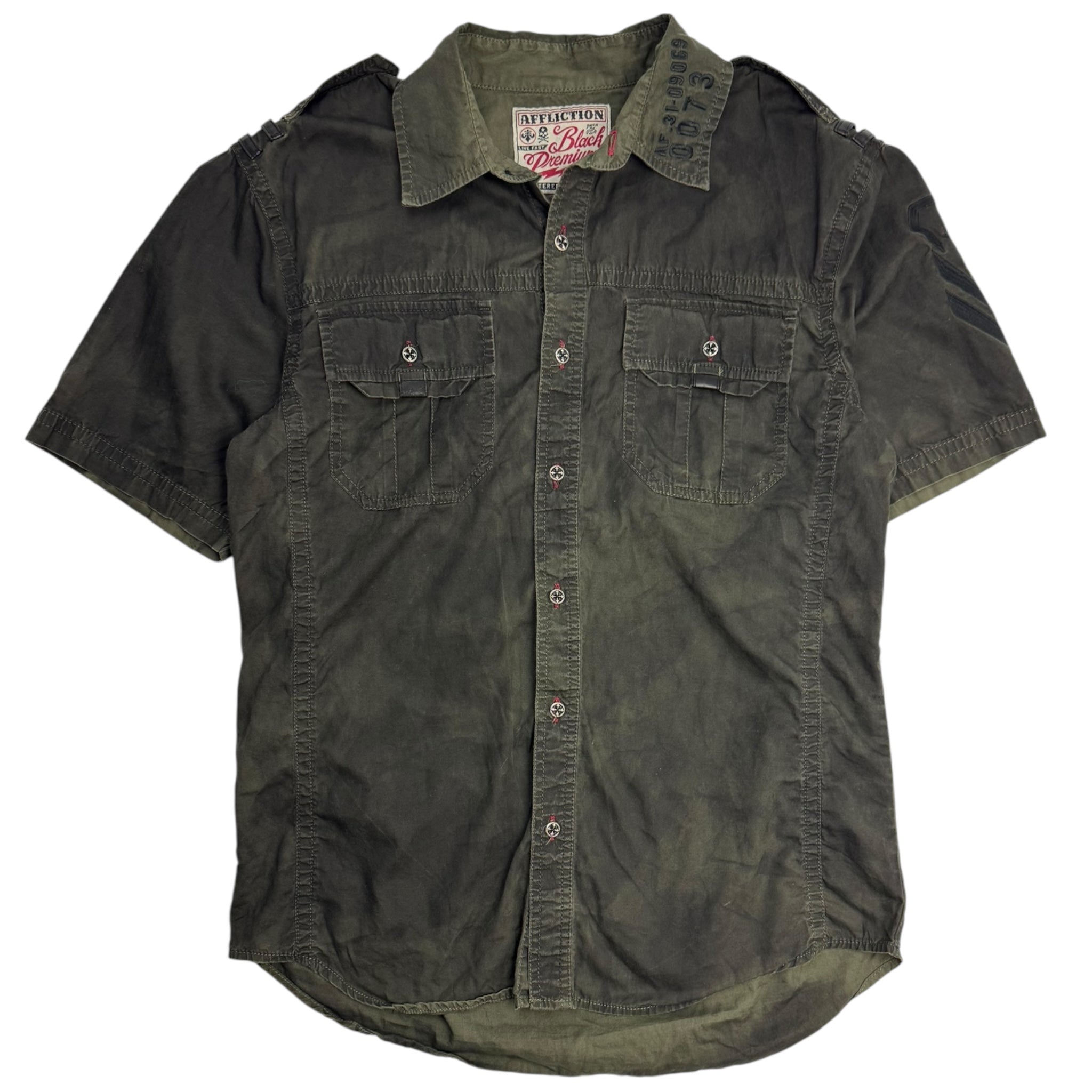 Y2K Affliction Tactical Pocket Button Up Militant Green
