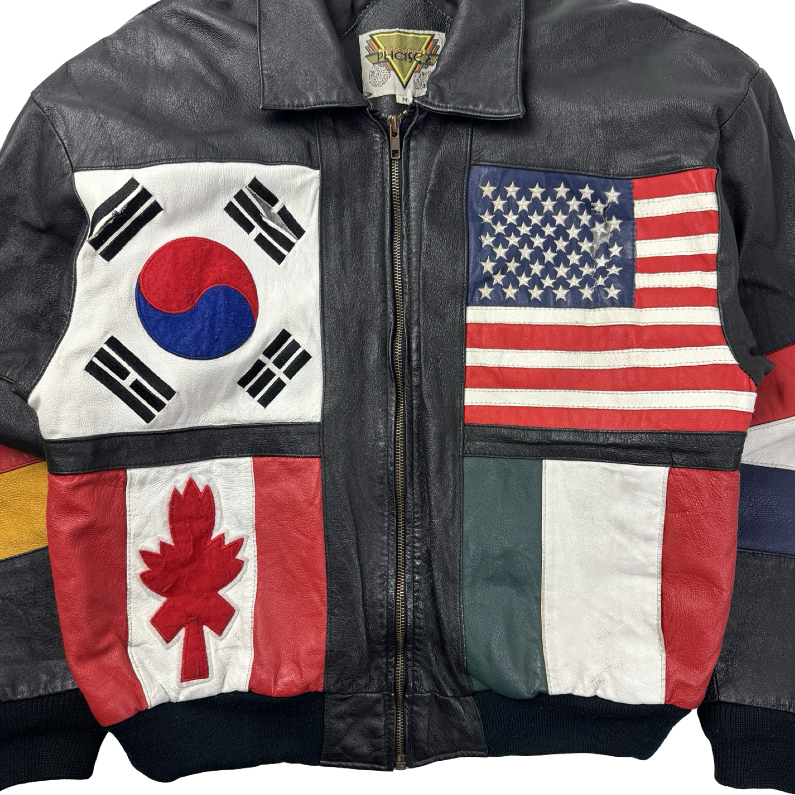 Vintage 80s Phase 2 Flags of the World Leather Jacket
