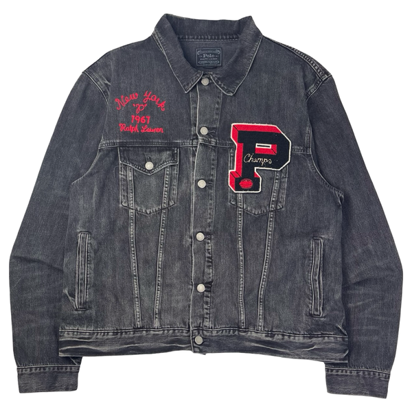 Polo Ralph Lauren Bulldog Varsity Denim Trucker Jacket Faded Grey