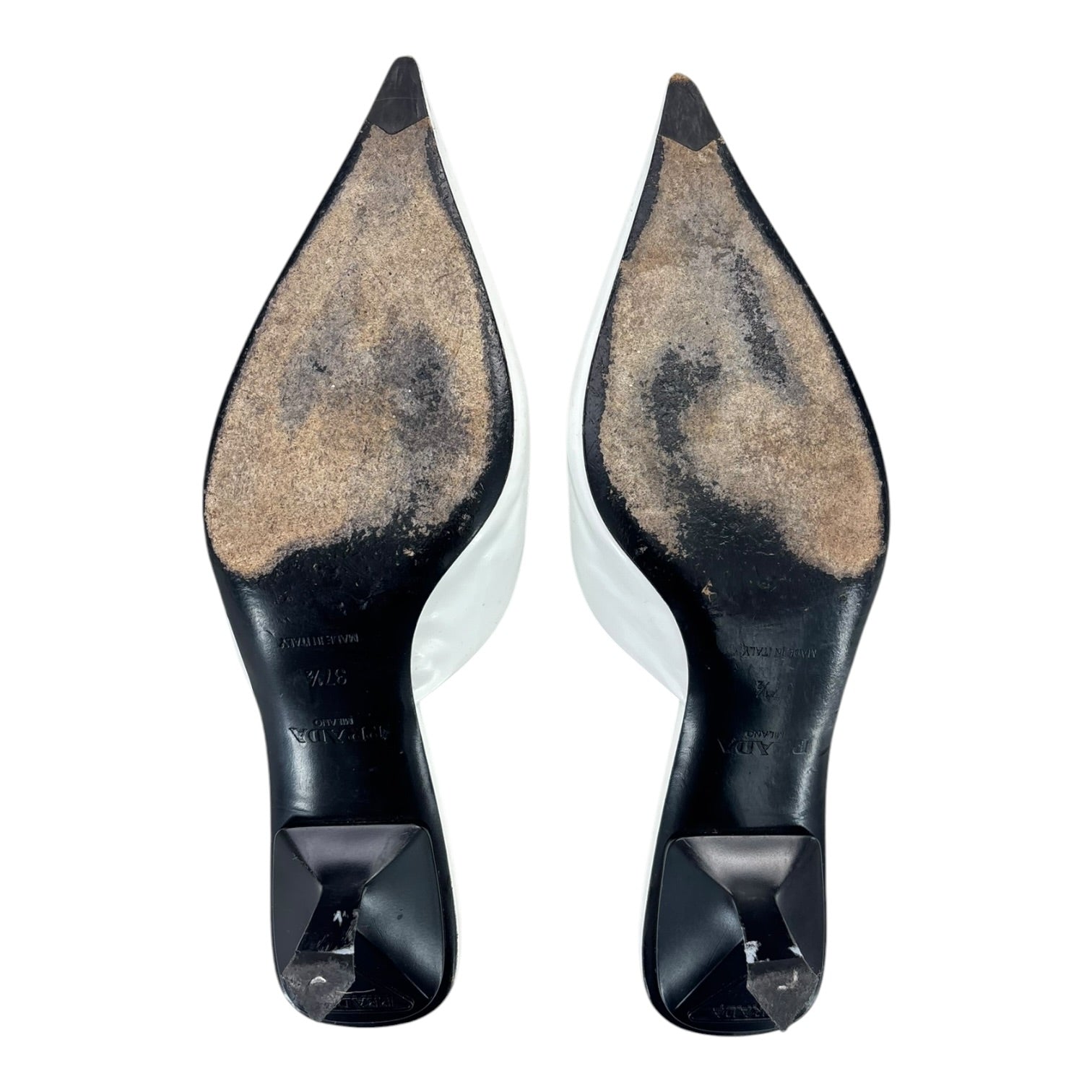 (W) Prada White Spazzolato Triangle Logo 55M Pointed Toe Mules Heels