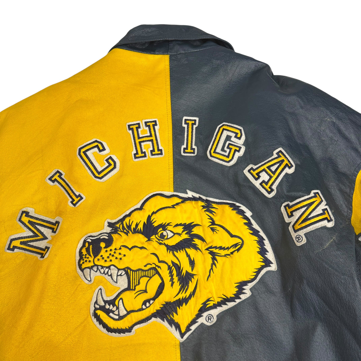 Vintage Michigan Wolverines Leather Split Colorblock Jacket Navy/Yellow