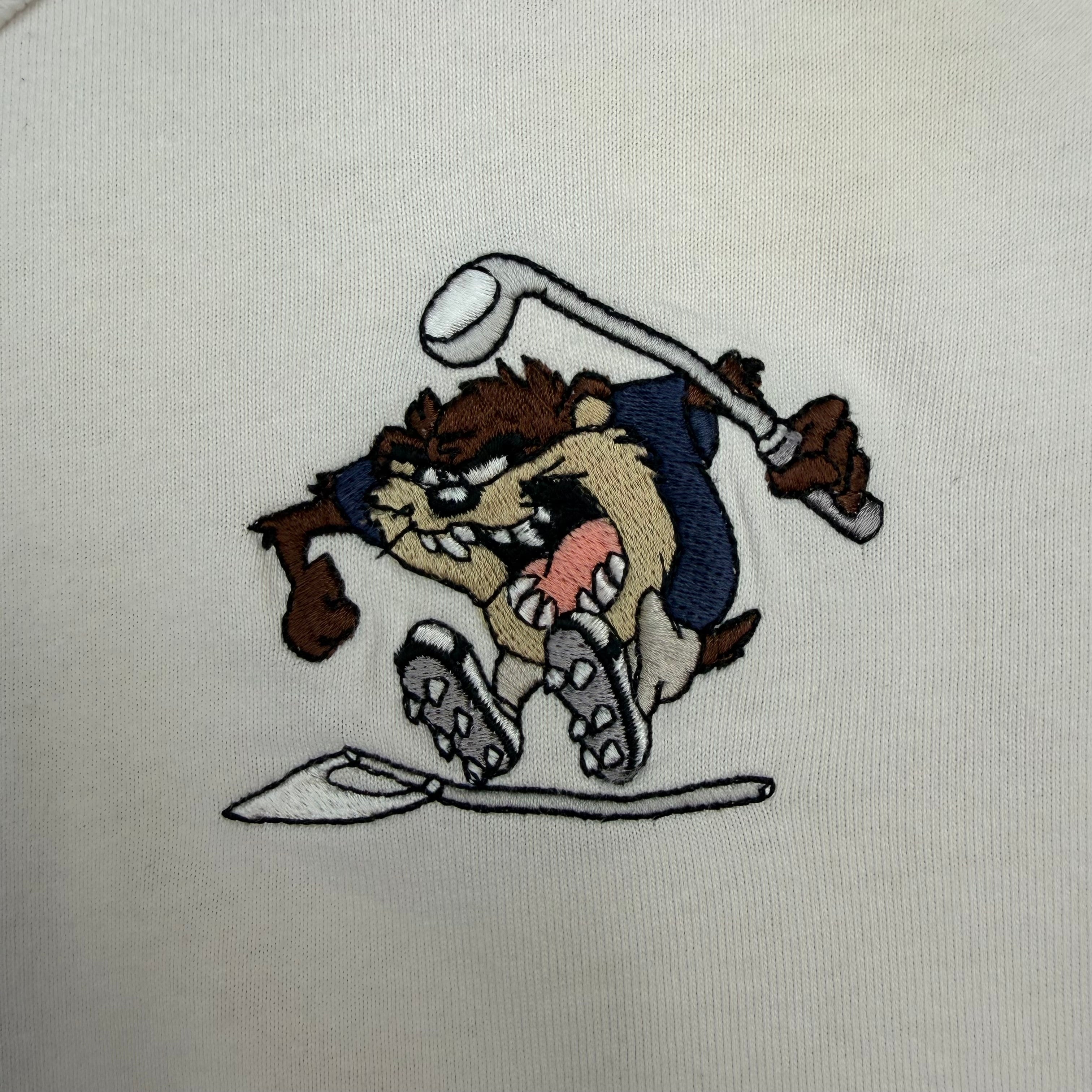 Vintage Warner Bros Taz Tasmanian Devil Embroidered Golf Polo White