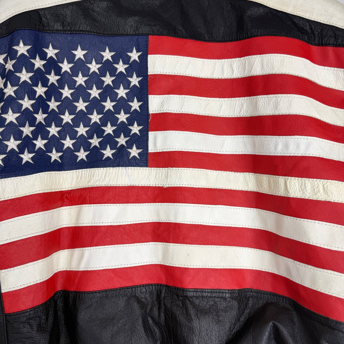 Vintage Pelle Cuir American Flag Leather Bomber Jacket Black