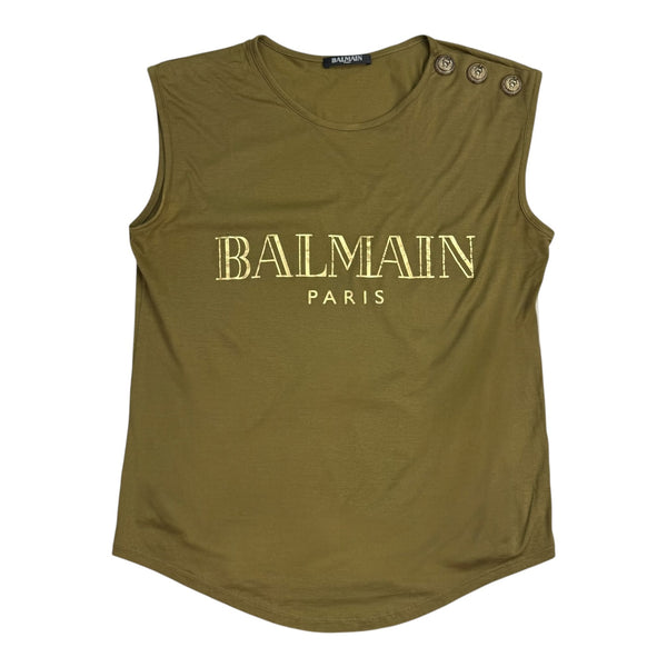 (W) Balmain Logo Print Tank Top Olive Green