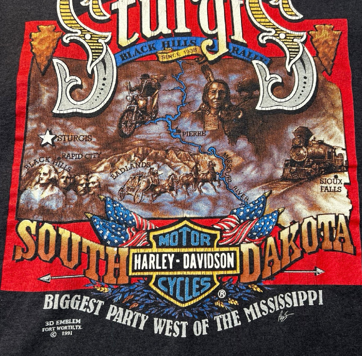 Vintage 1991 Harley Davidson 3D Emblem Sturgis South Dakota T-Shirt Black