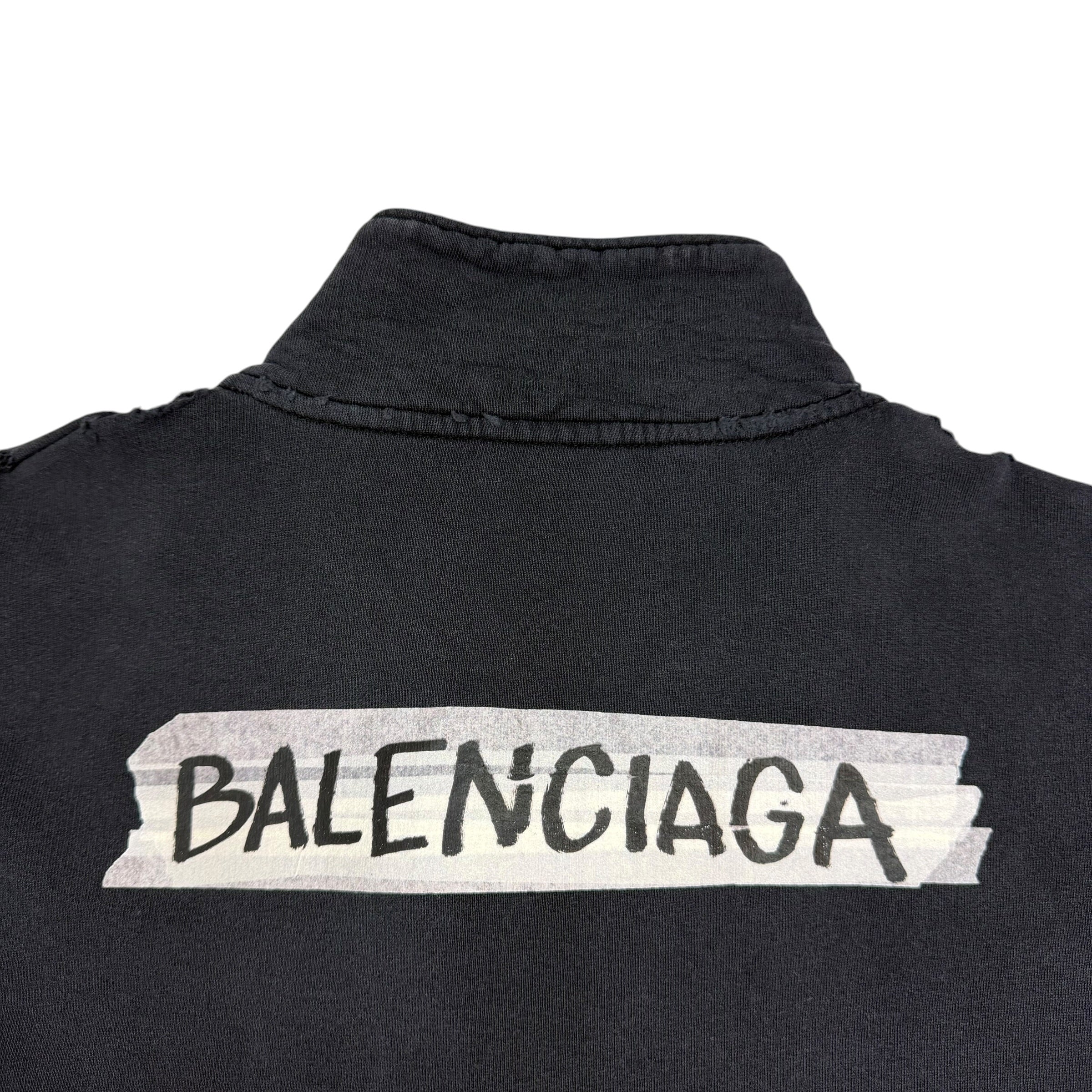 Balenciaga Tape Logo Oversized Distressed Quarter Zip Black