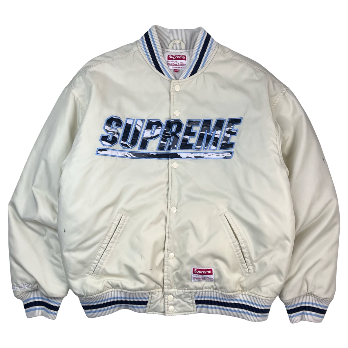Supreme Mitchell & Ness Camo Logo Varsity Jacket White
