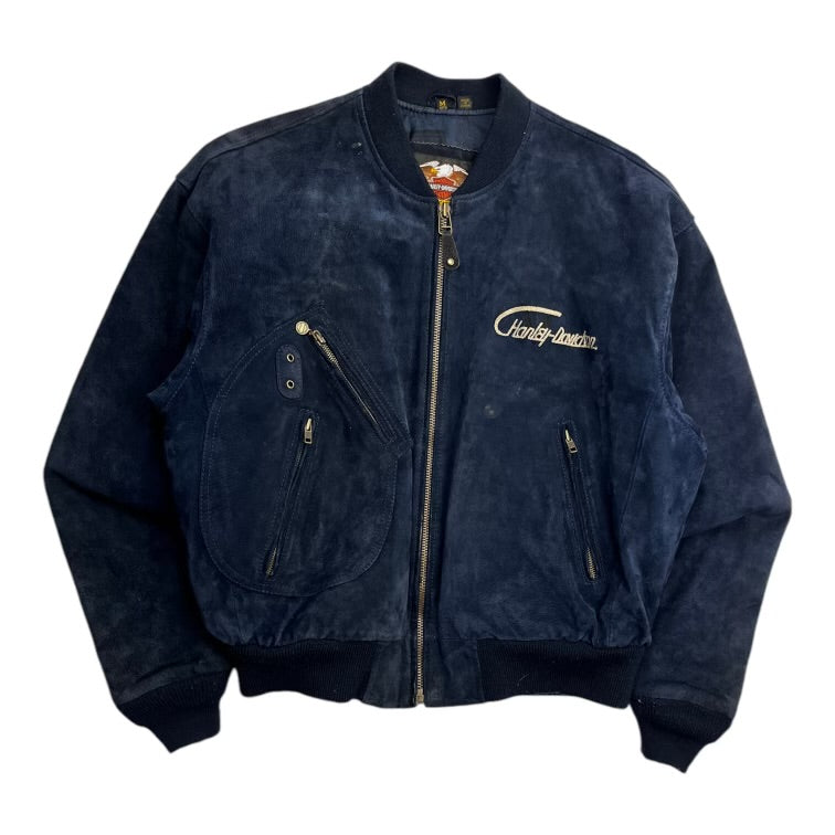 Vintage Harley Davidson Suede Bomber Jacket Navy