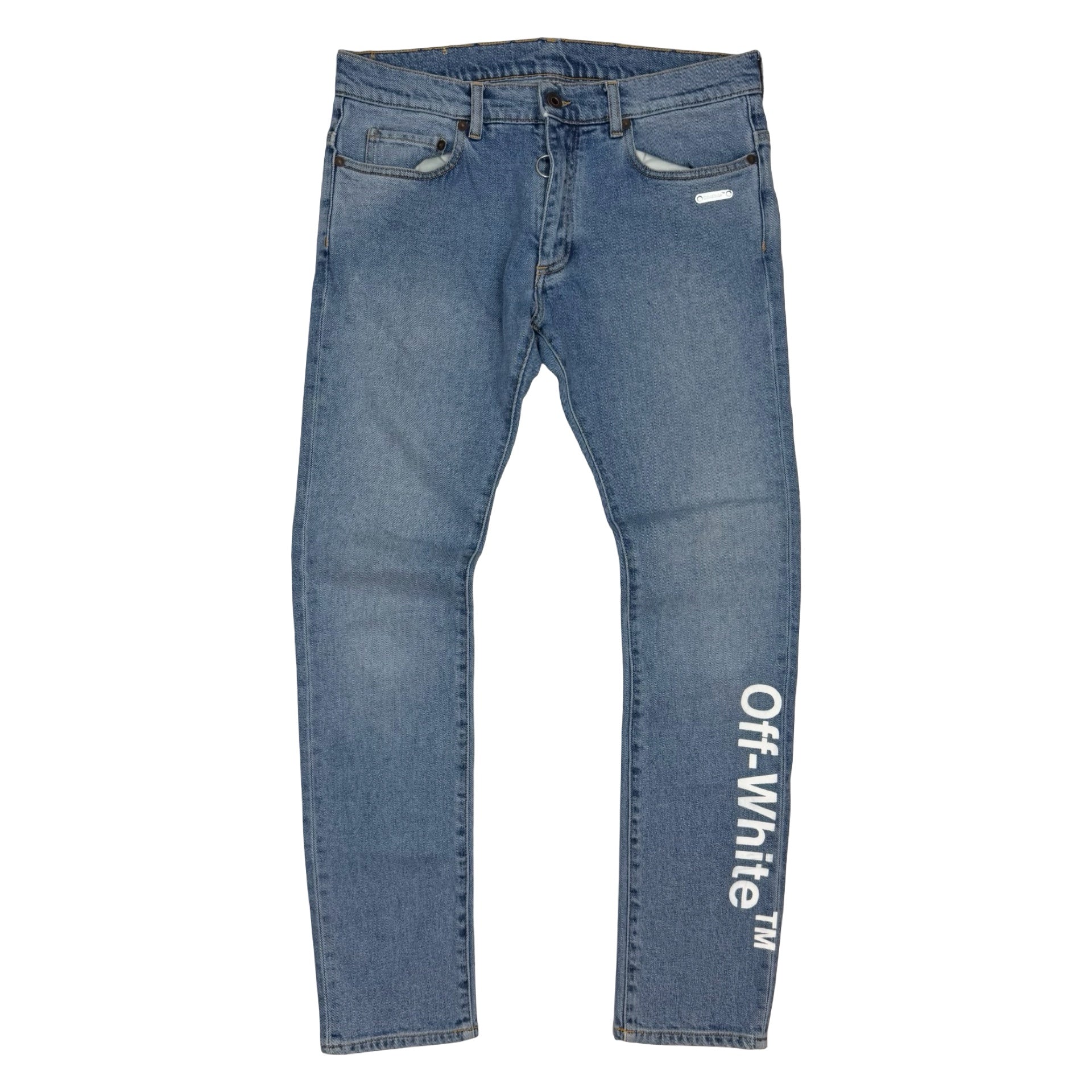 Off-White Skinny Fit Printed Stretch Denim Jeans Blue