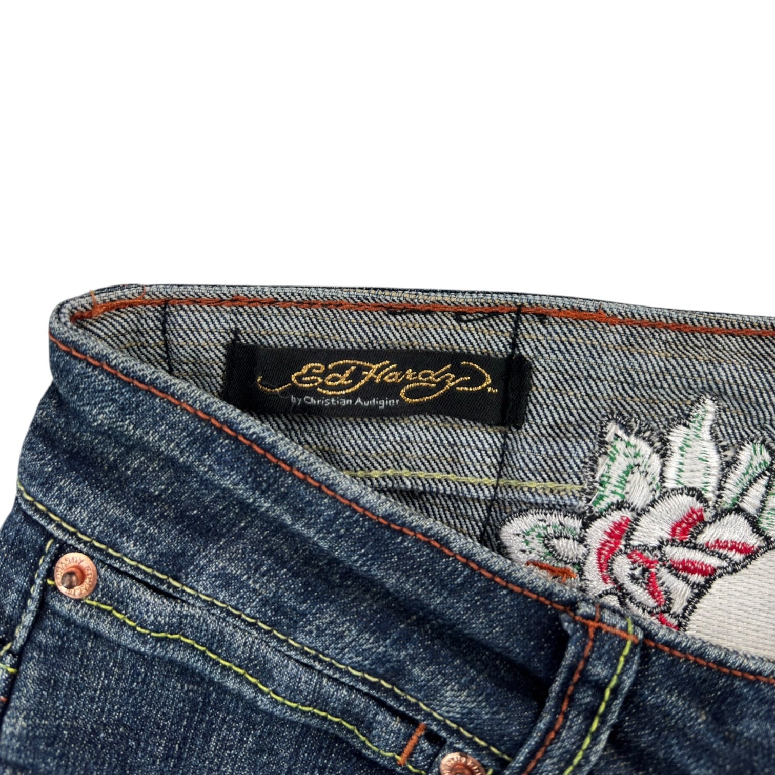 (W) Y2K Ed Hardy Embroidered  Low Rise Jeans