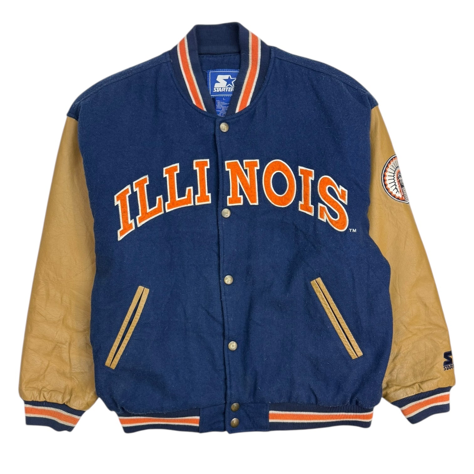 Vintage Starter University Of Illinois Wool/Leather Jacket Navy