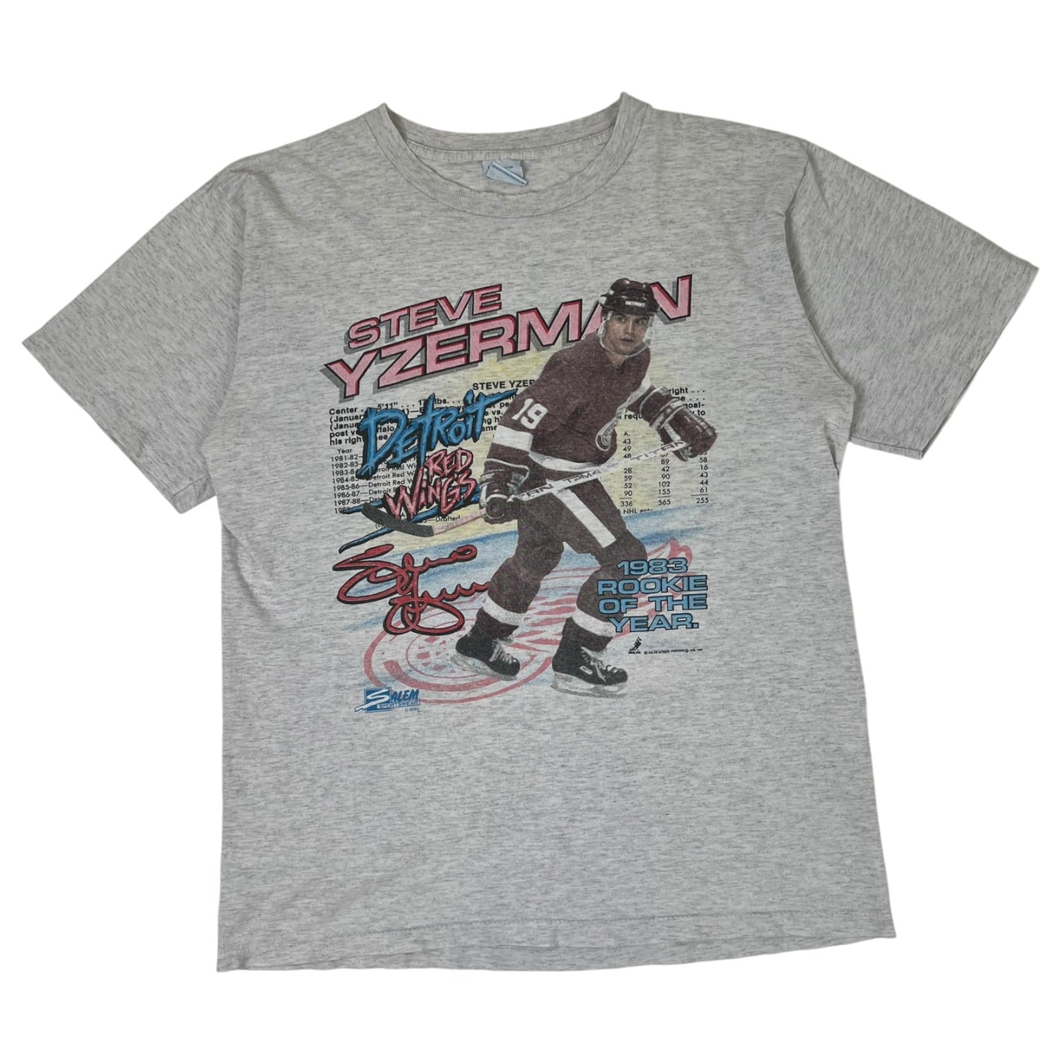 Vintage 1990 Salem Sportswear Detroit Red Wings Steve Yzerman T-shirt Heather Grey