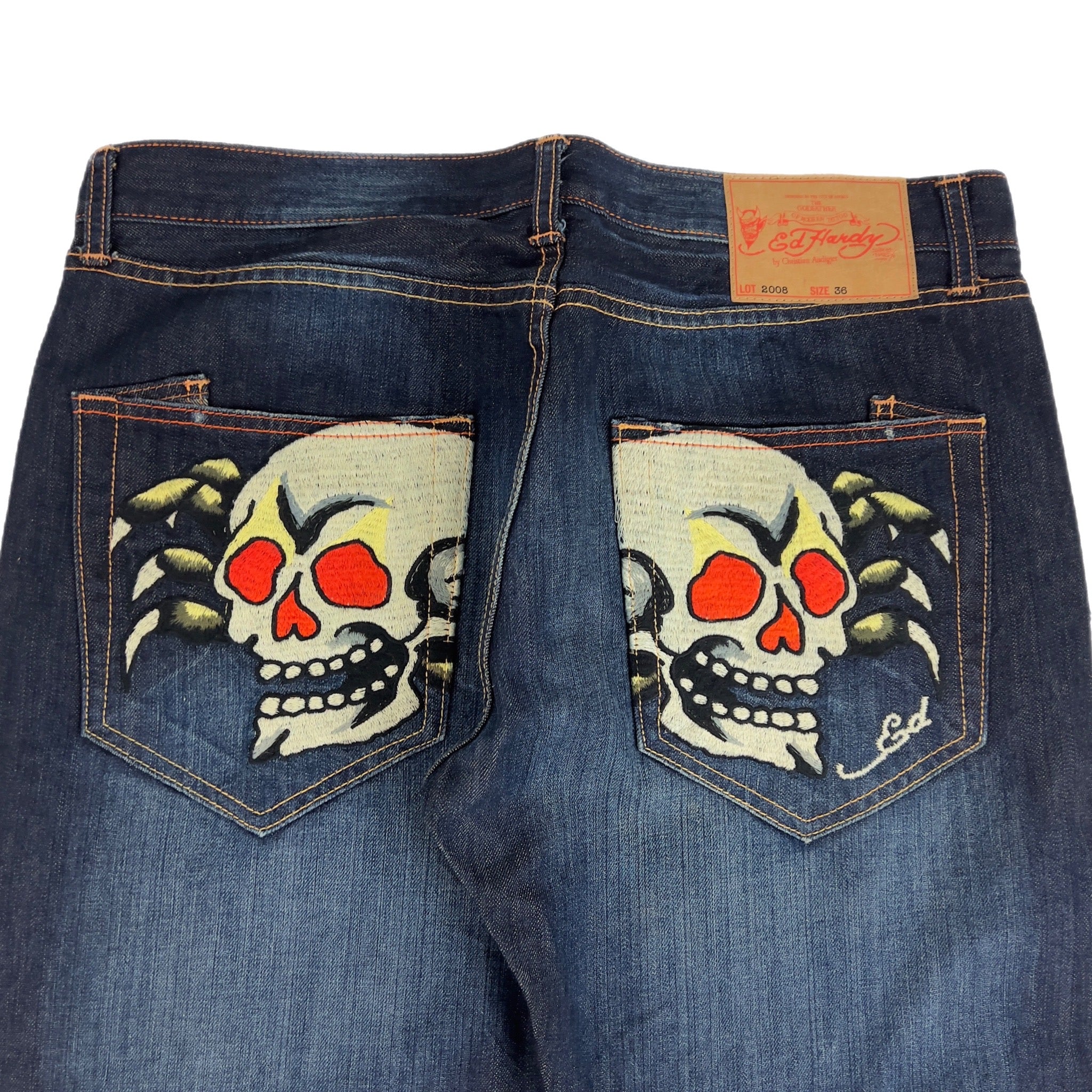 Vintage Y2K Ed Hardy Skull Embroidered Dark Wash Denim Jeans