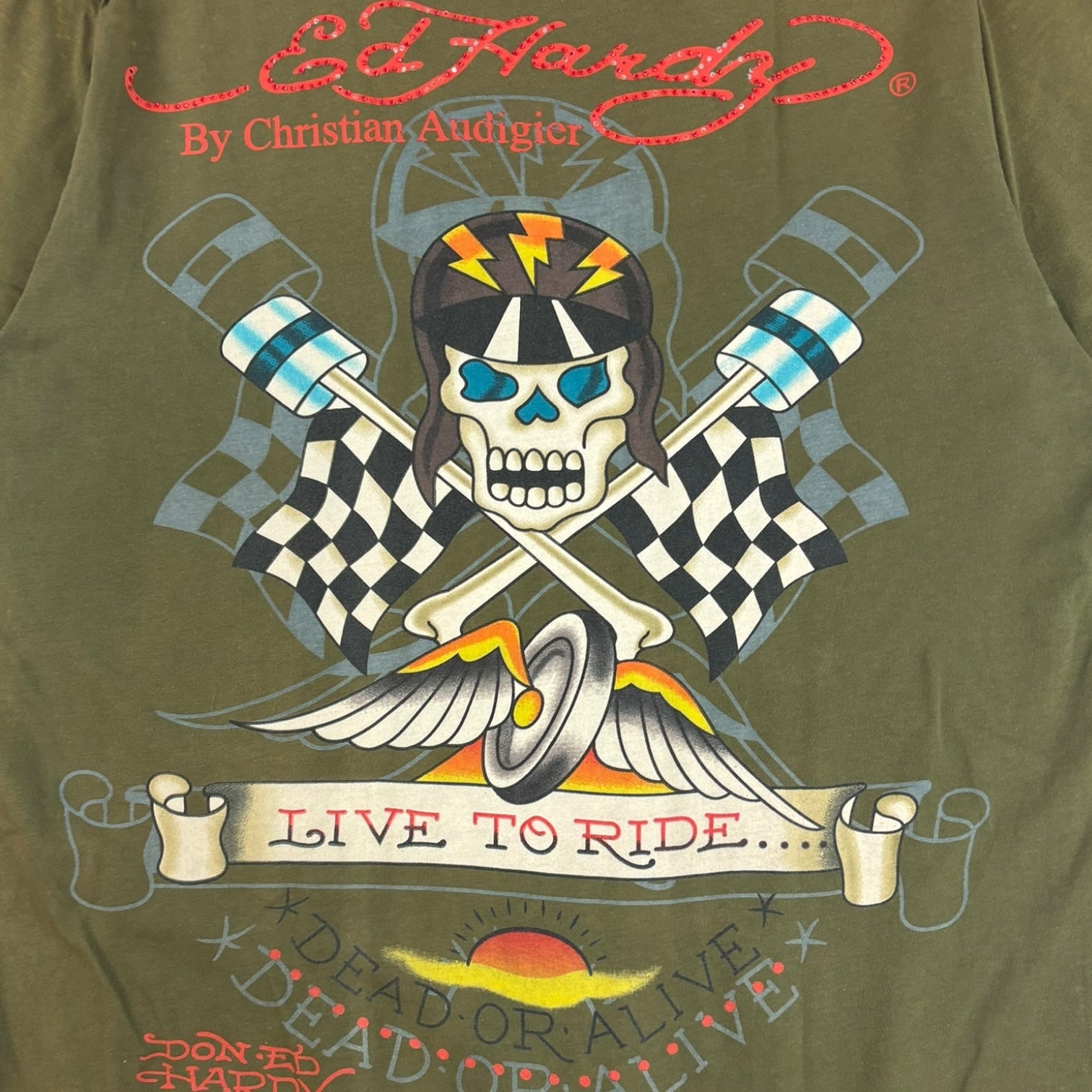 Vintage Y2K Ed Hardy “Live to Ride” Skull T-Shirt Green