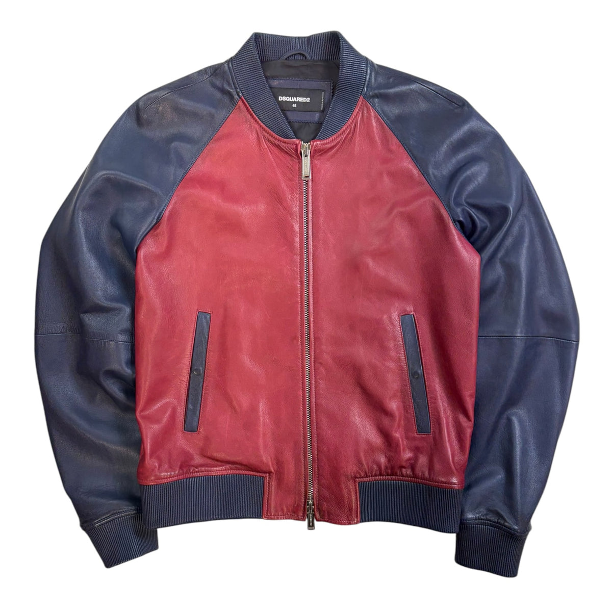 Dsquared2 Leather Bomber Jacket Red/Navy