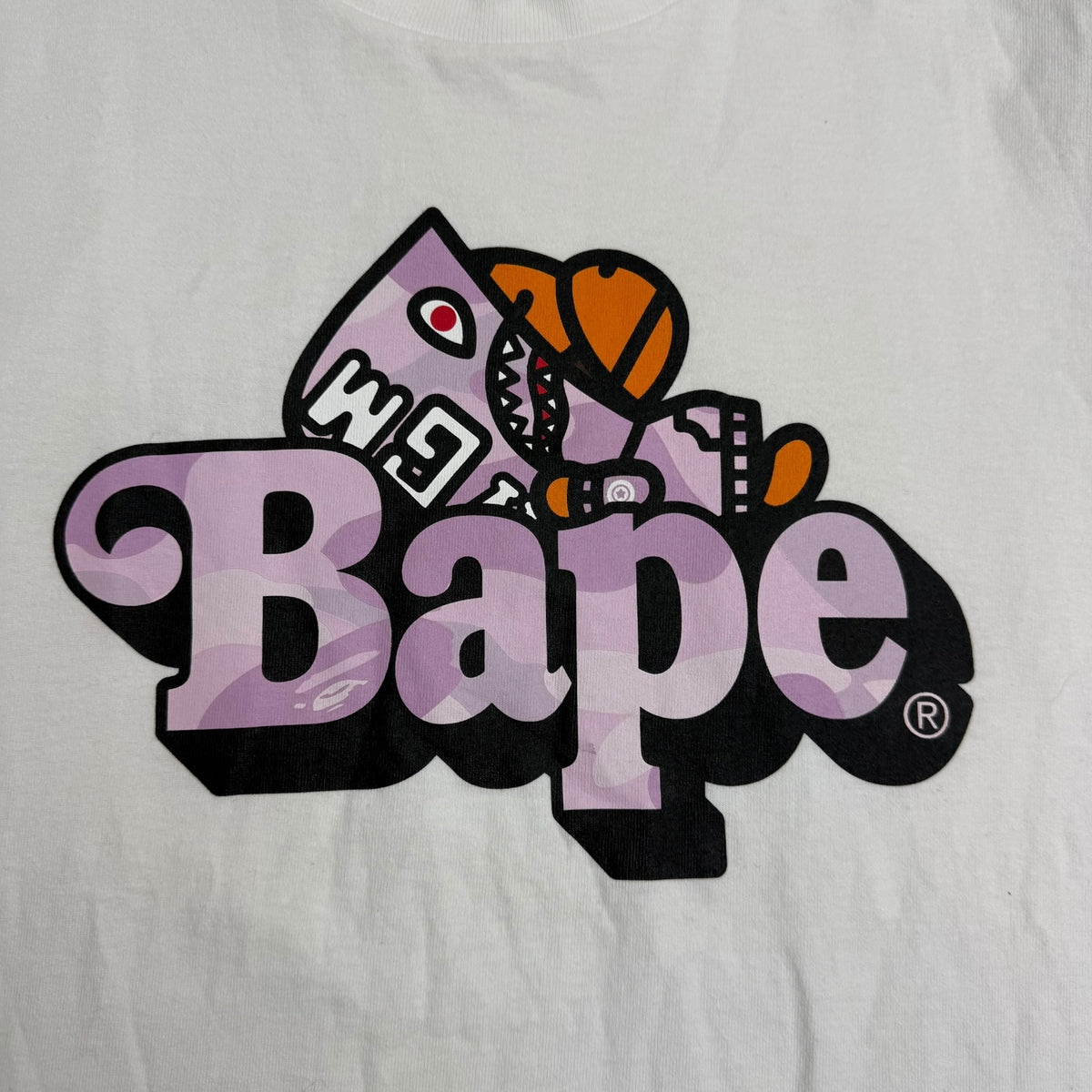 (W) A Bathing Ape Pastel Color Camo Shark Milo on Bape Tee White