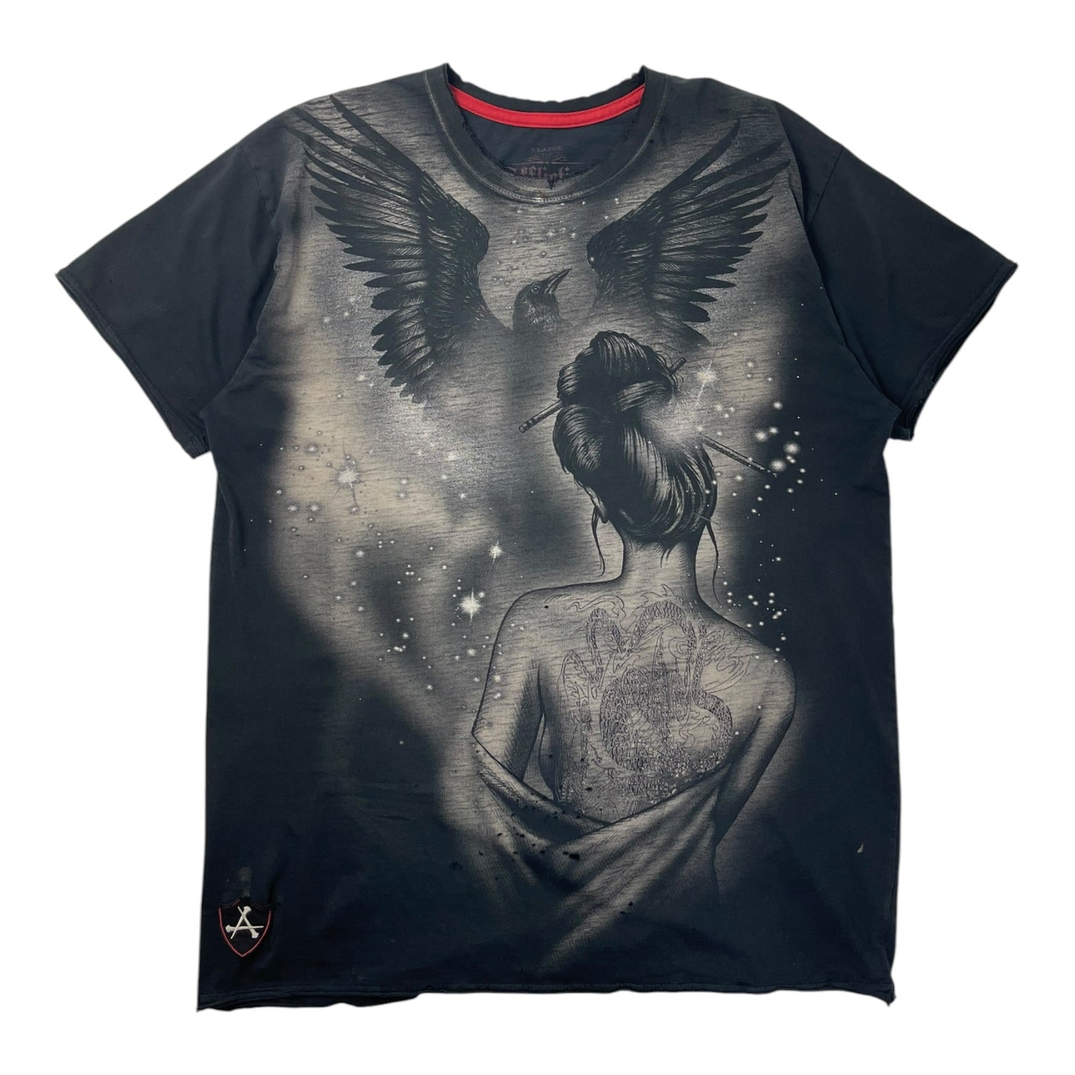 Vintage Y2K Affliction Lady & Bird T-Shirt Faded Black