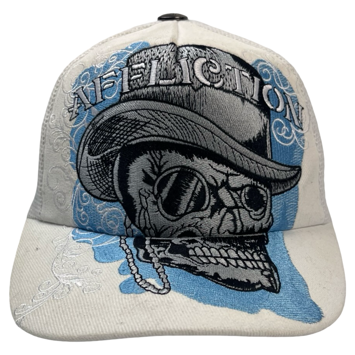 Vintage Y2K Affliction Embroidered Skull Trucker Hat White