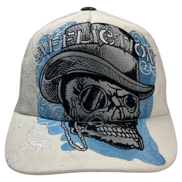 Vintage Y2K Affliction Embroidered Skull Trucker Hat White