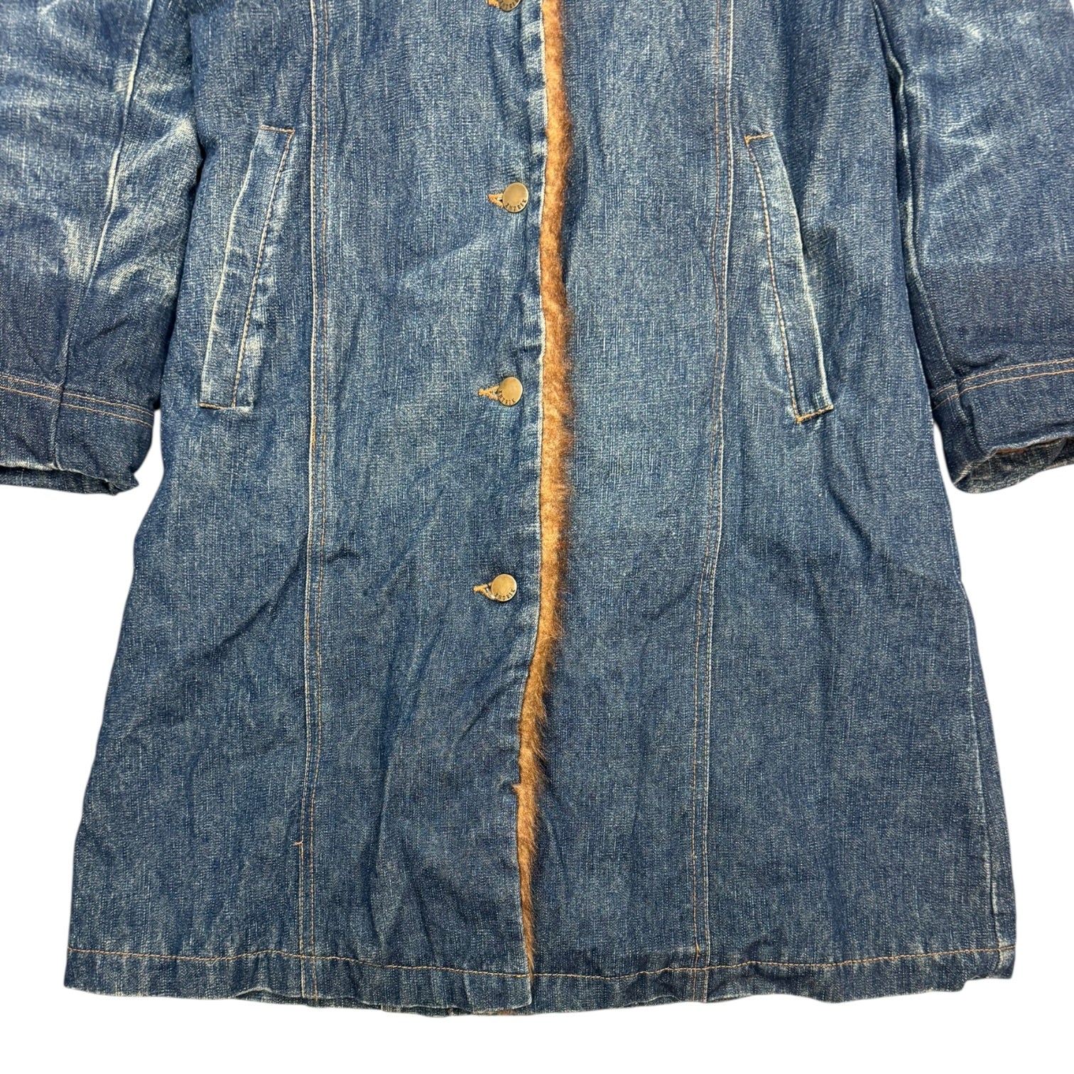 (W) Vintage Faux Fur Denim Trench Coat Medium Wash