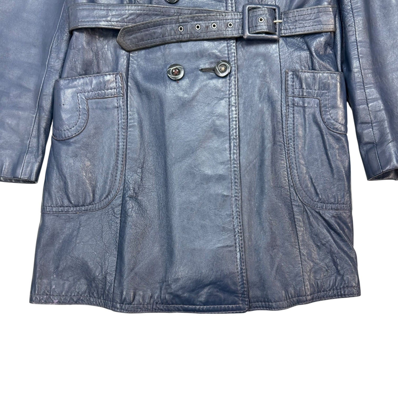 (W) Vintage Leather Trench Coat Blue
