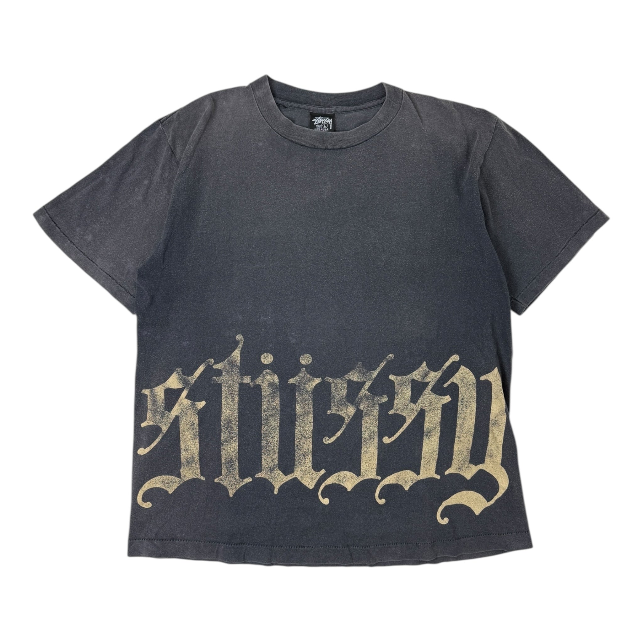 90s Stussy Gothic Logo Faded Black T-Shirt