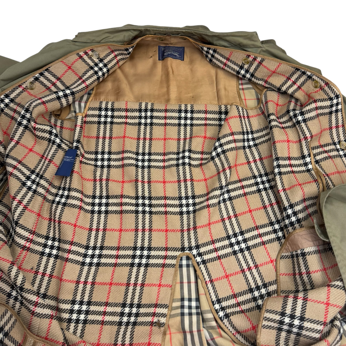 Vintage Burberrys Wool Lined Nova Check Pattern Trench Coat Olive Green