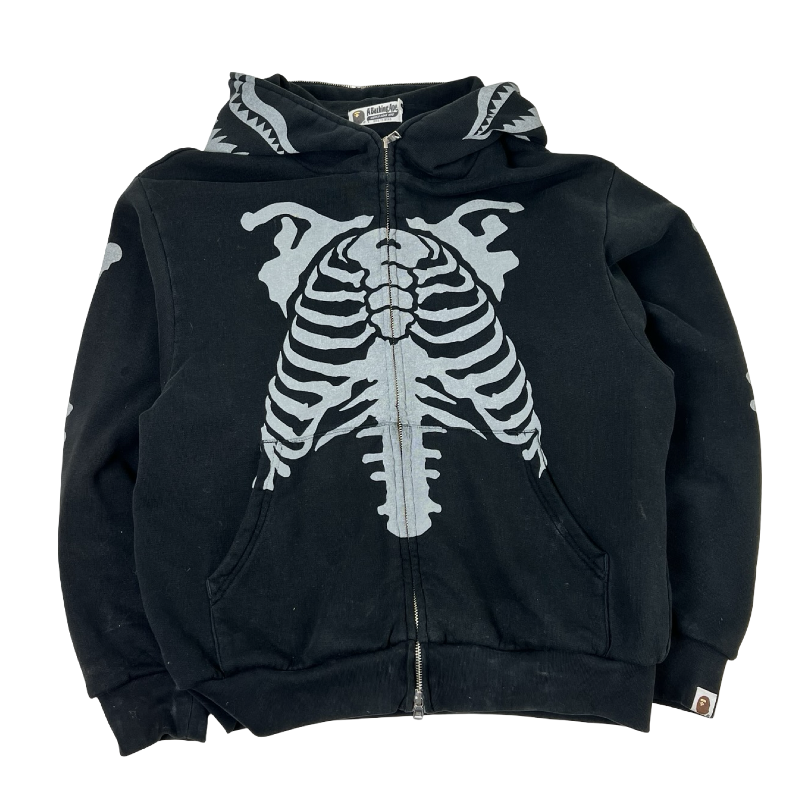 A Bathing Ape Skeleton Shark Heavy Washed Cropped Fit Full Zip Hoodie