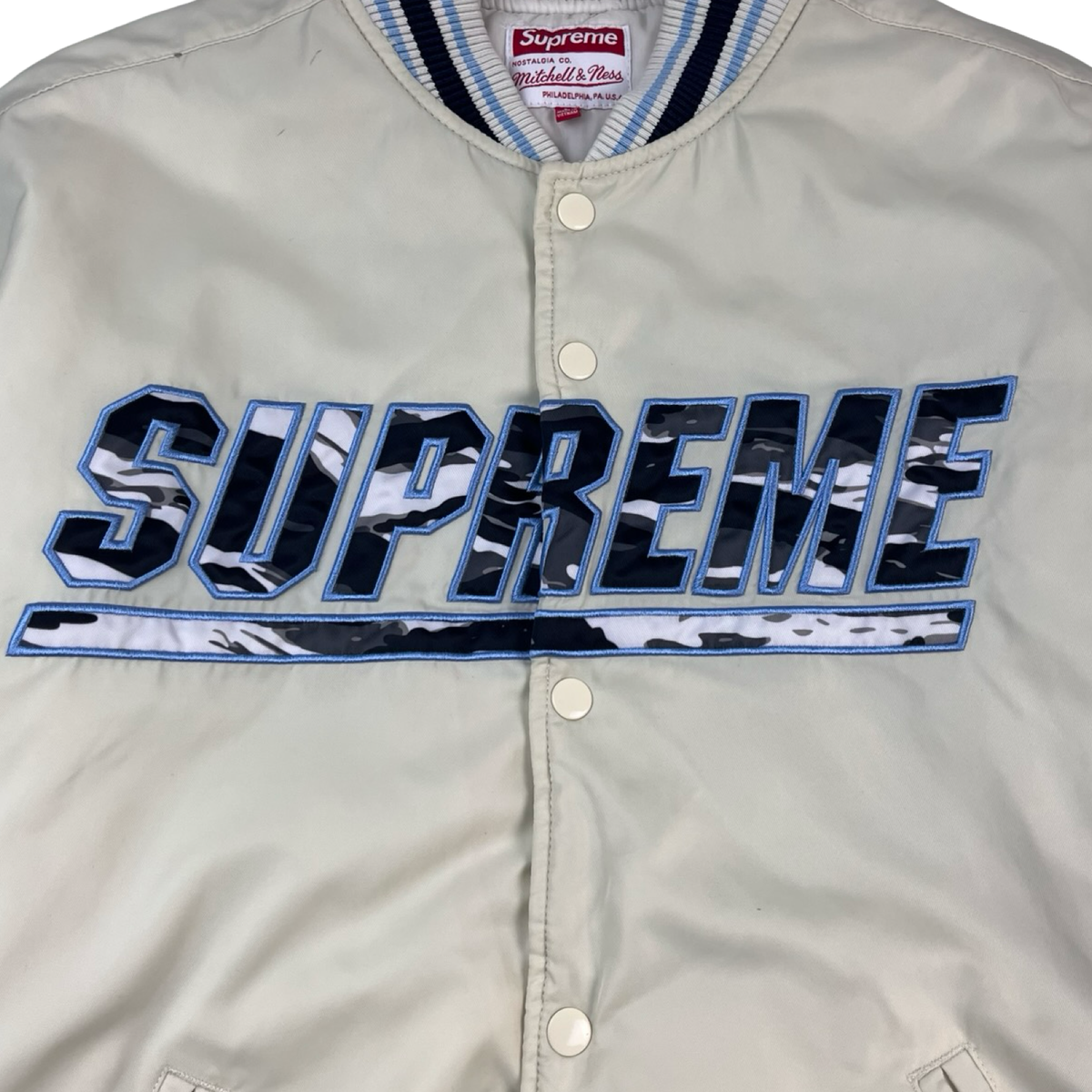 Supreme Mitchell & Ness Camo Logo Varsity Jacket White