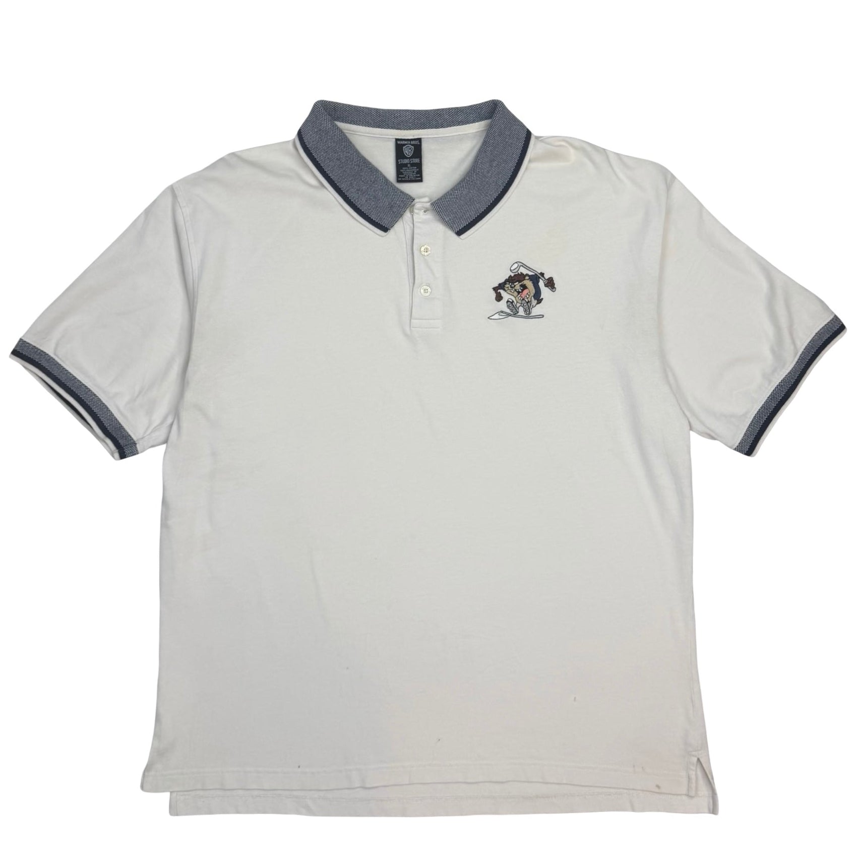Vintage Warner Bros Taz Tasmanian Devil Embroidered Golf Polo White