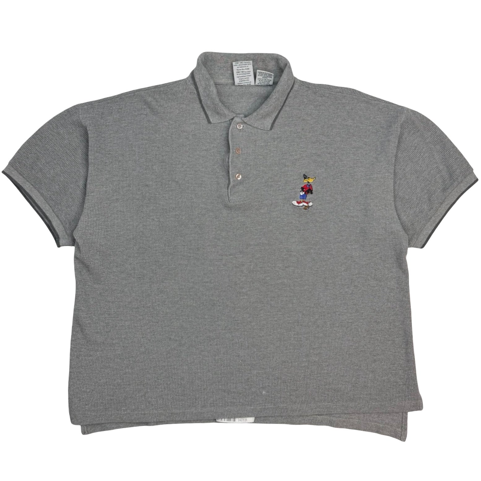 Vintage Looney Tunes Daffy Duck Waffle Knit Embroidered Polo Grey