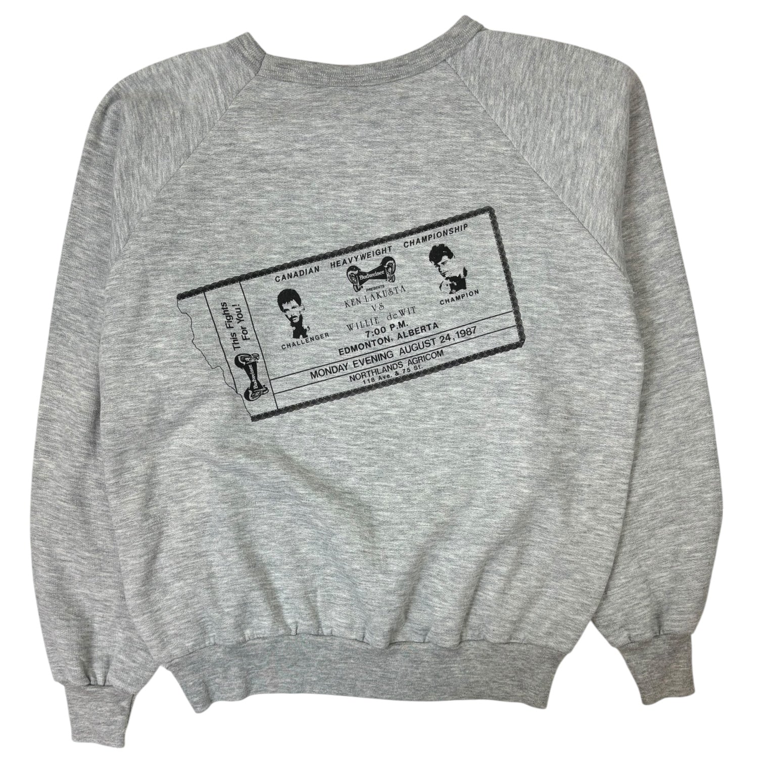 Vintage 1987 Budweiser “DeWit vs. Lakusta” Boxing Crewneck Grey