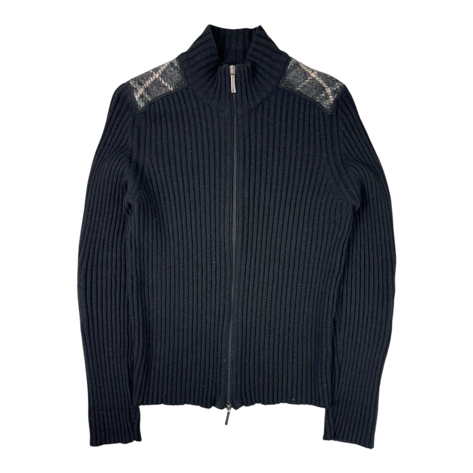 (W) Vintage Burberry London Rib Knit Zip-Up Sweater Black