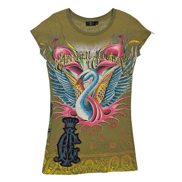 (W) Vintage Christian Audigier Rhinestone Swan With Love T-Shirt