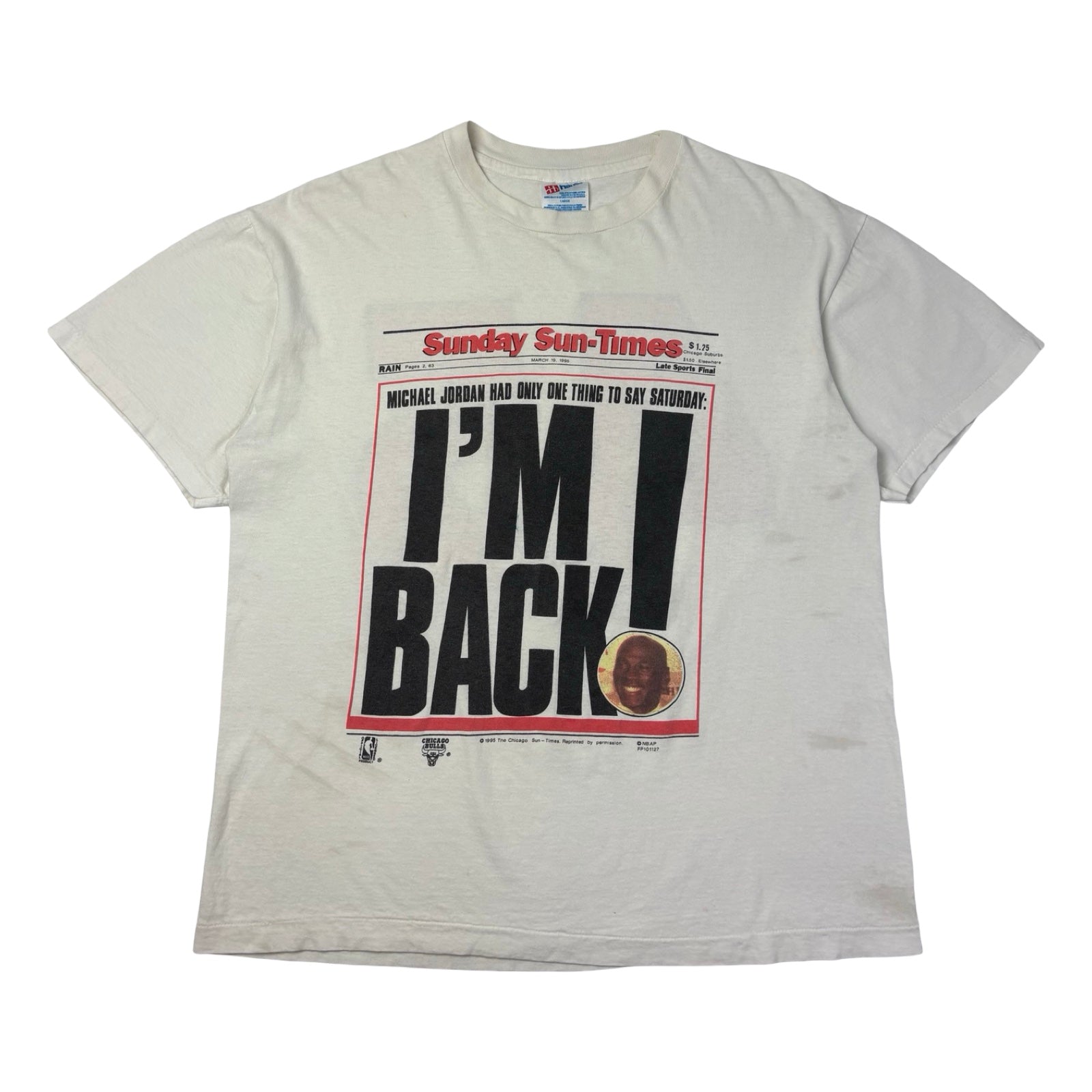 1995 Sunday Sun-Times Headline Michael Jordan “I’m Back” T-Shirt White