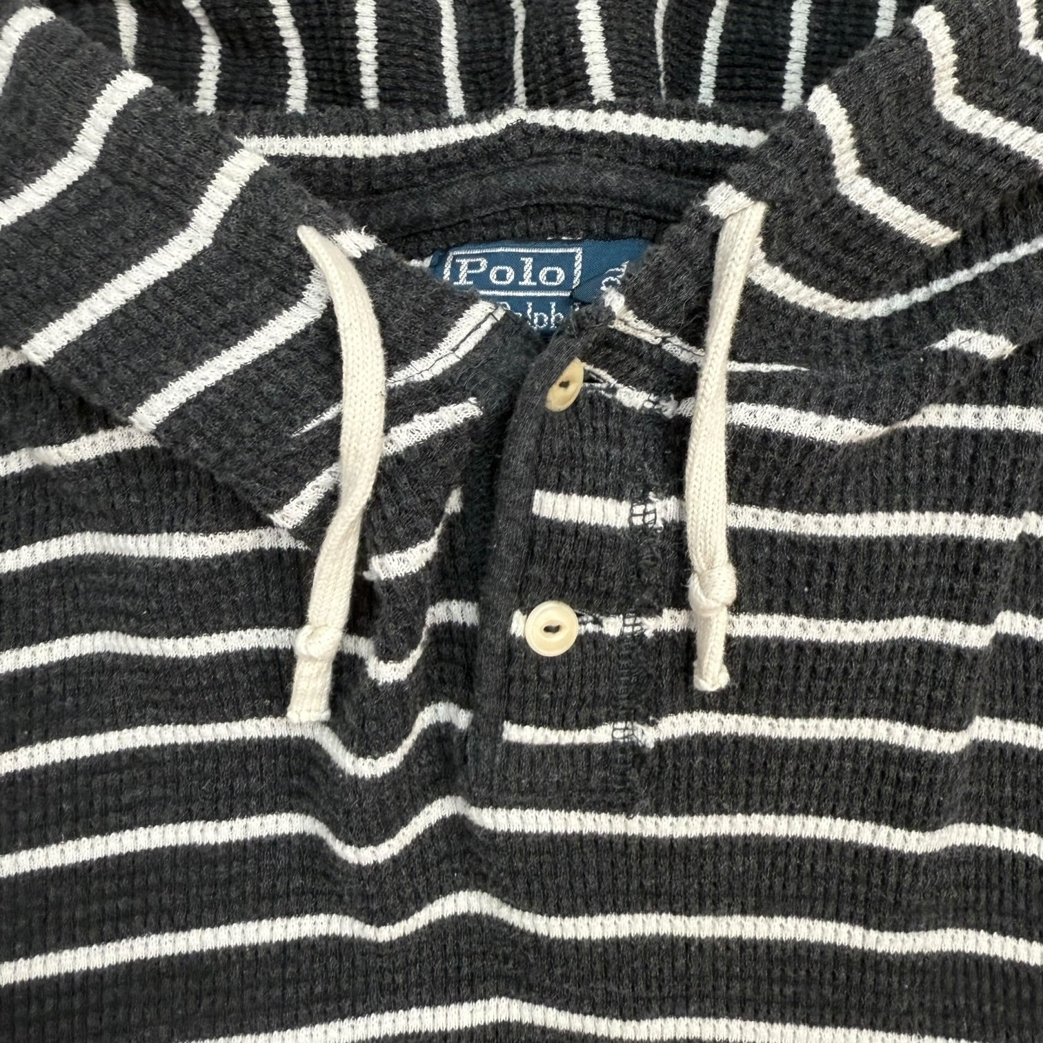 Vintage Polo Ralph Lauren Striped Waffle Knit Thermal Hoodie Black/White