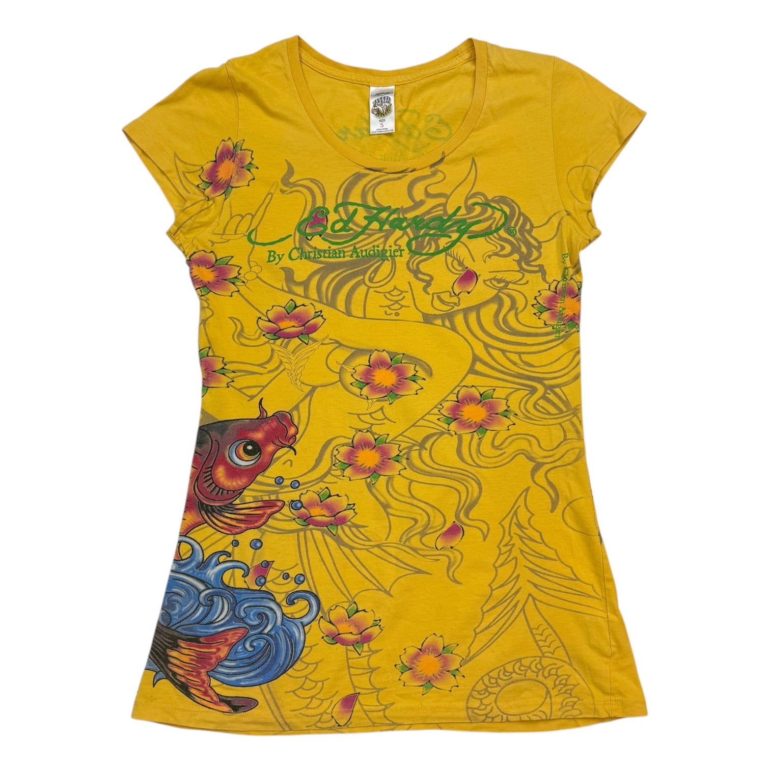 (W) Vintage Ed Hardy Christian Audigier Koi And Lotus Tee Yellow