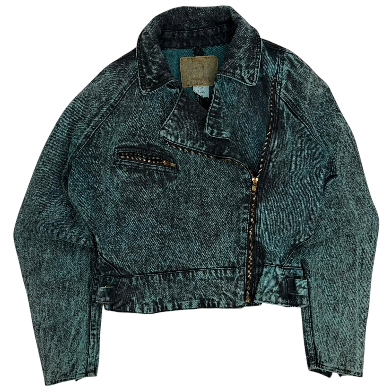 (W) Vintage Prima Donna Acid Wash Denim Biker Jacket Teal