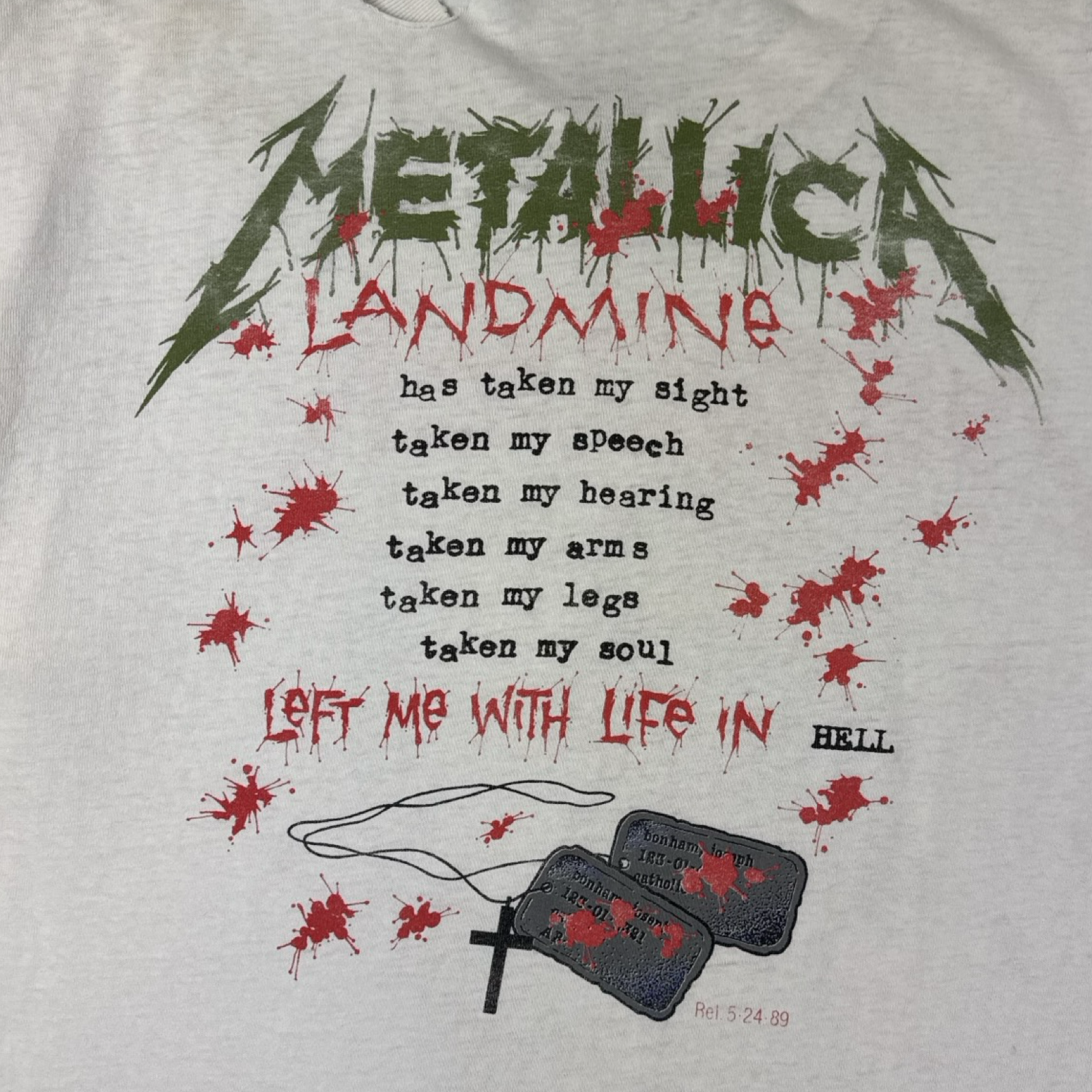 1989 Metallica ‘One’ Landmine Band T-Shirt Distressed White