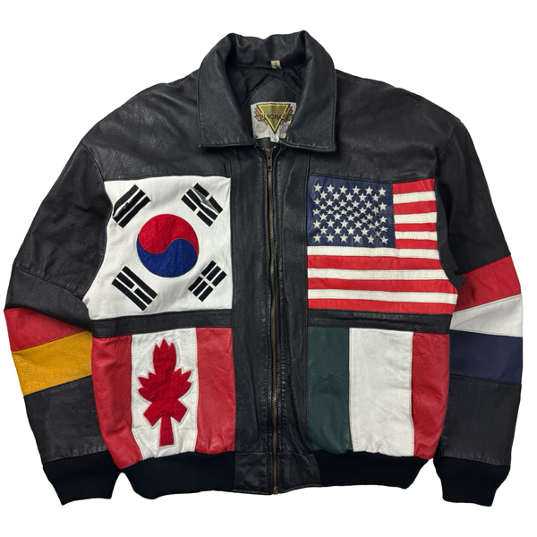 Vintage 80s Phase 2 Flags of the World Leather Jacket