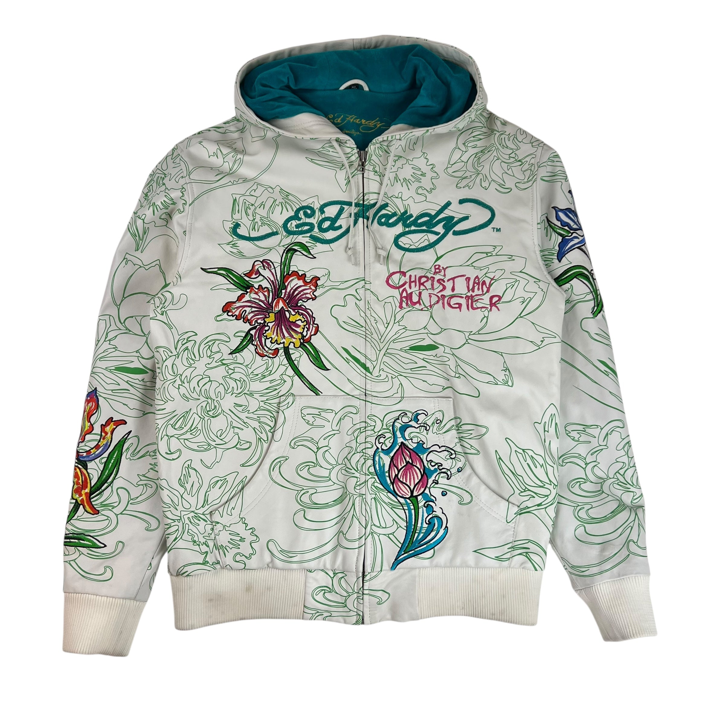 Vintage Y2K Ed Hardy Embroidered Hooded Leather Zip-Up White