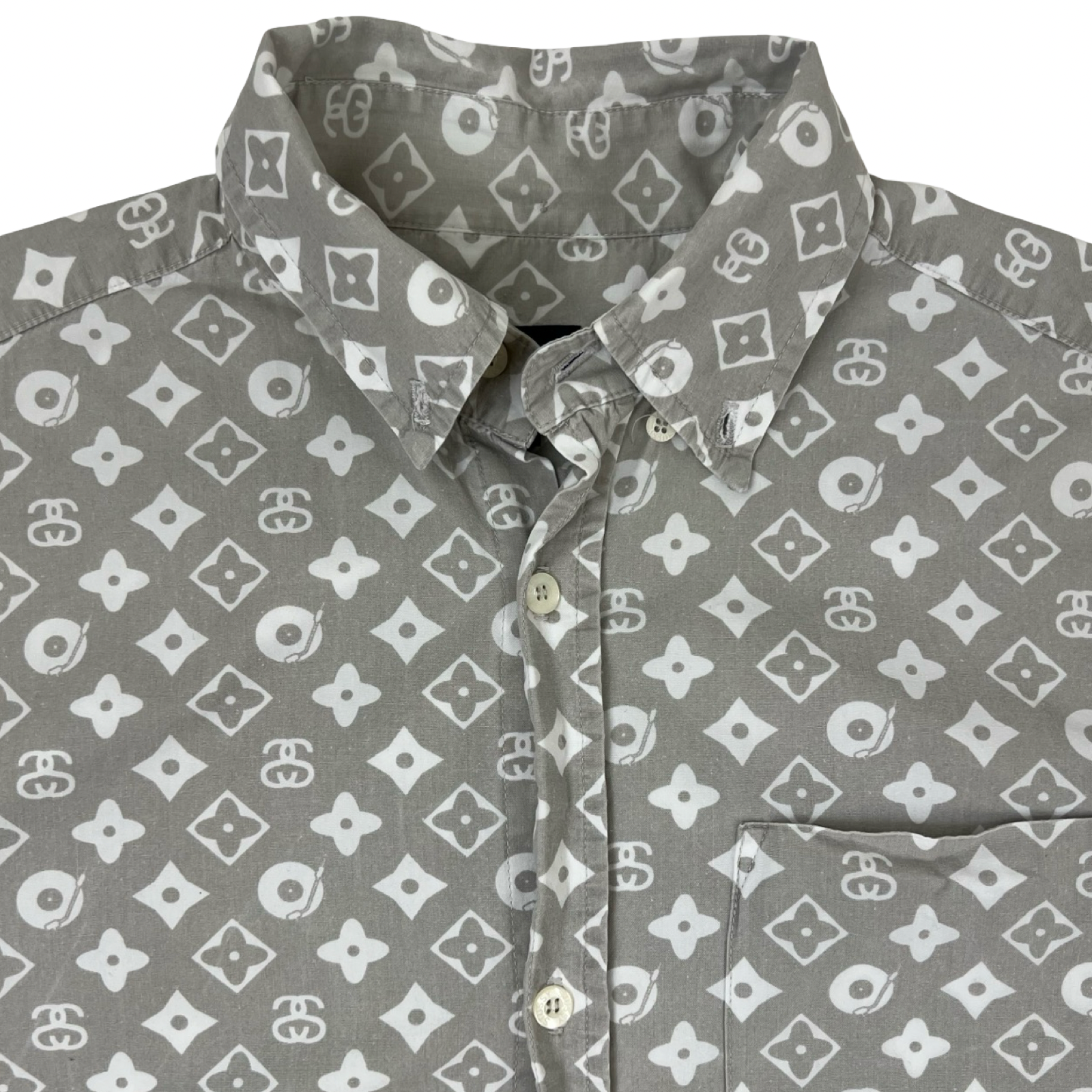 Vintage 90’s Stussy Monogram Print Button Up S/S Shirt Grey
