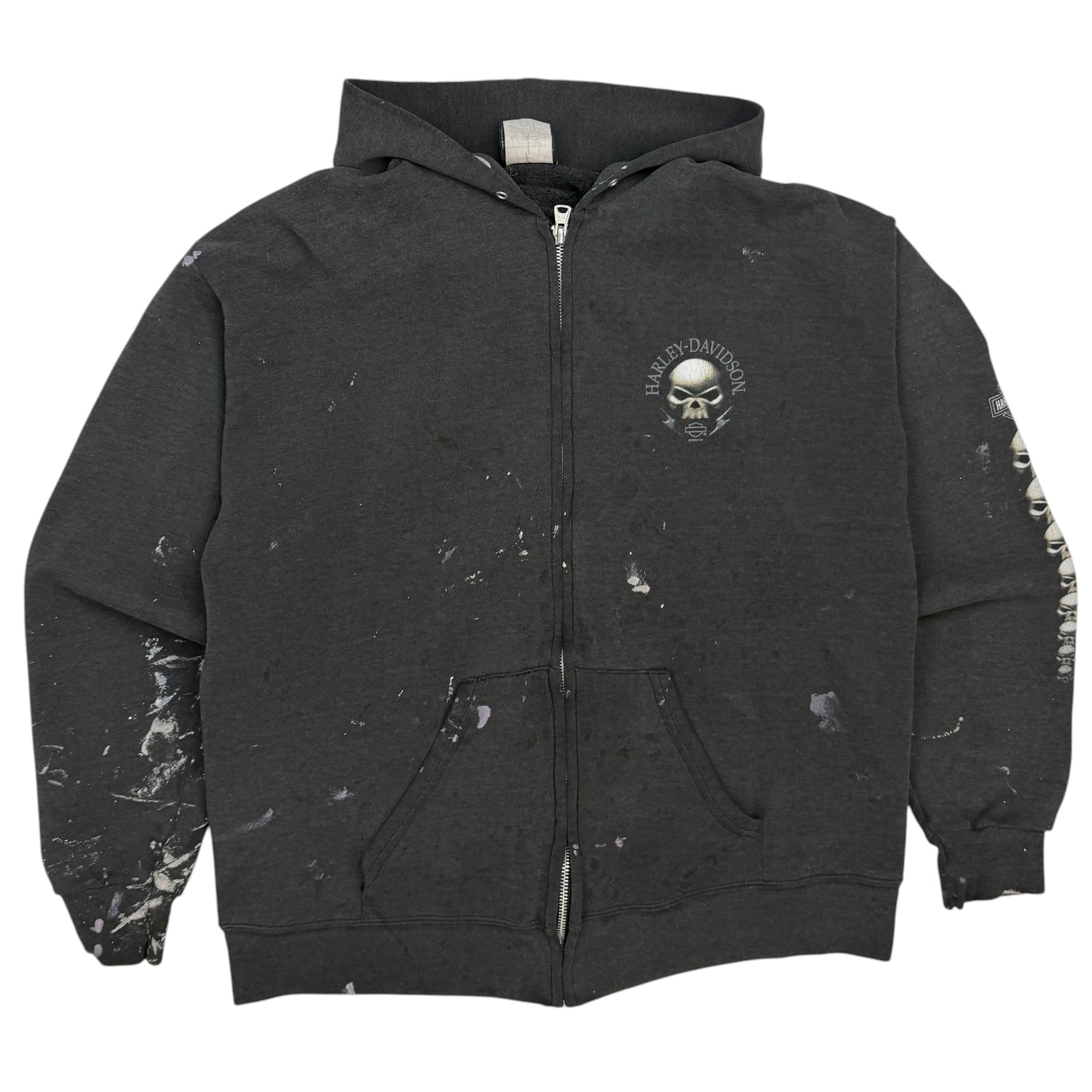 2003 Harley Davidson Skull Vancouver BC Paint Splatter Zip Up Hoodie