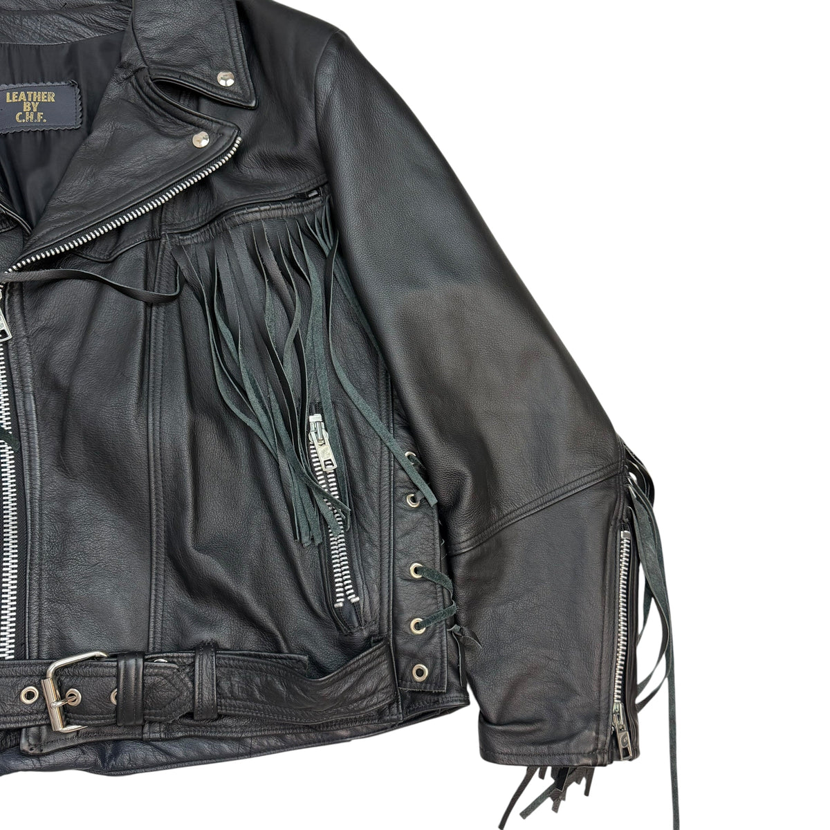 Vintage Leather Fringe Detail Motorcycle Jacket Black