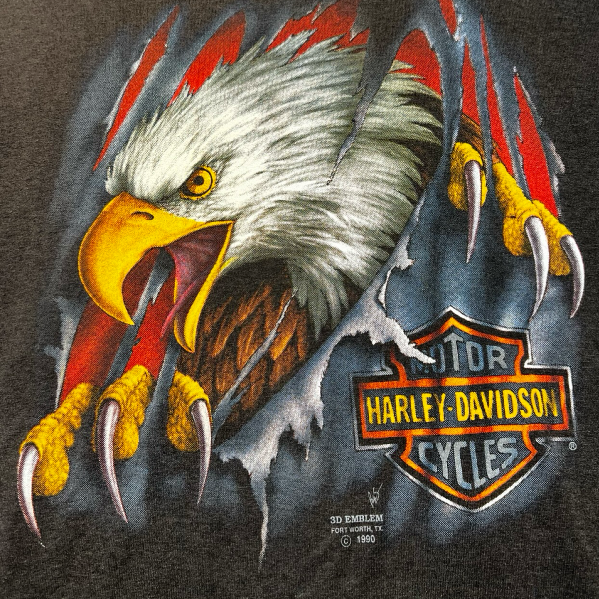 1990 Harley Davidson 3D Emblem Eagle Claw T-Shirt Black