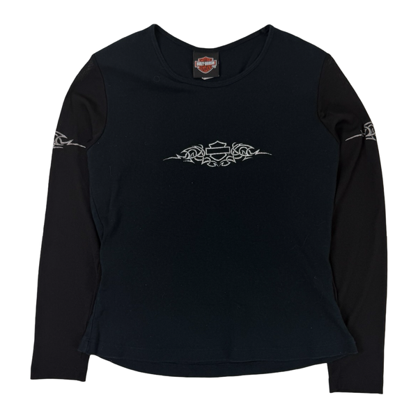 (W) Vintage Harley Davidson Tribal Long Sleeve Shirt Black