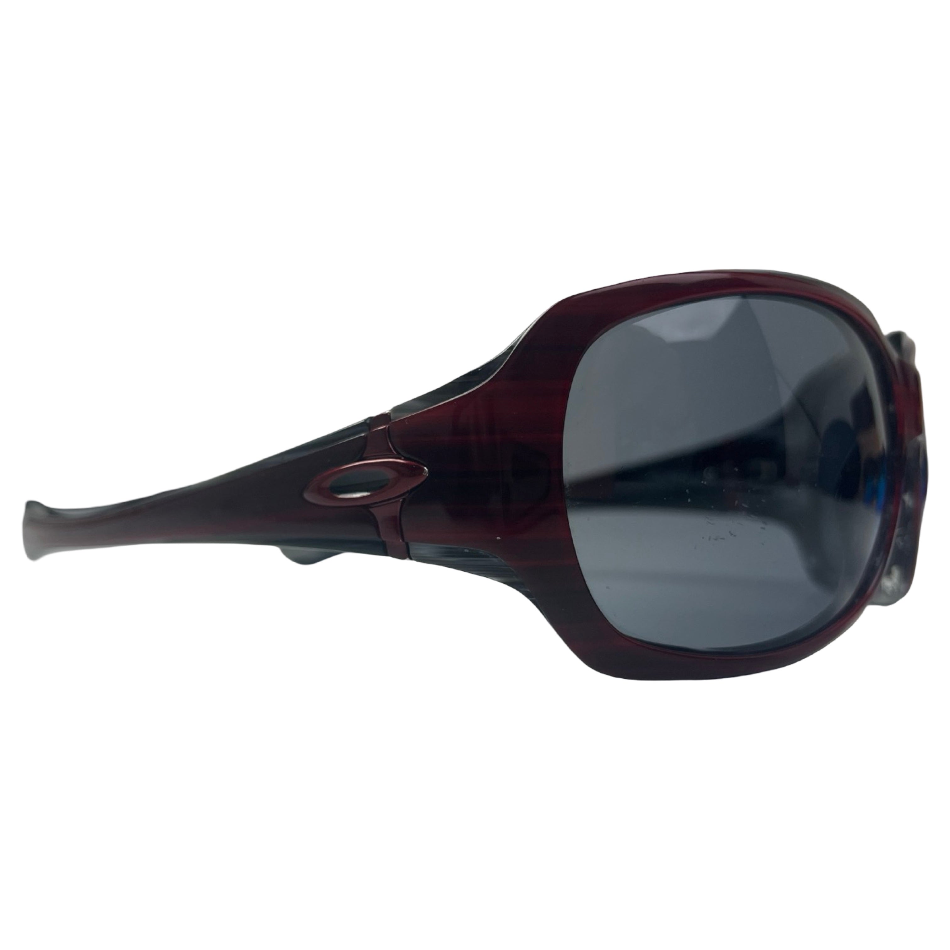 (W) Vintage Oakley Script Sunglasses Burgundy & Grey Horn