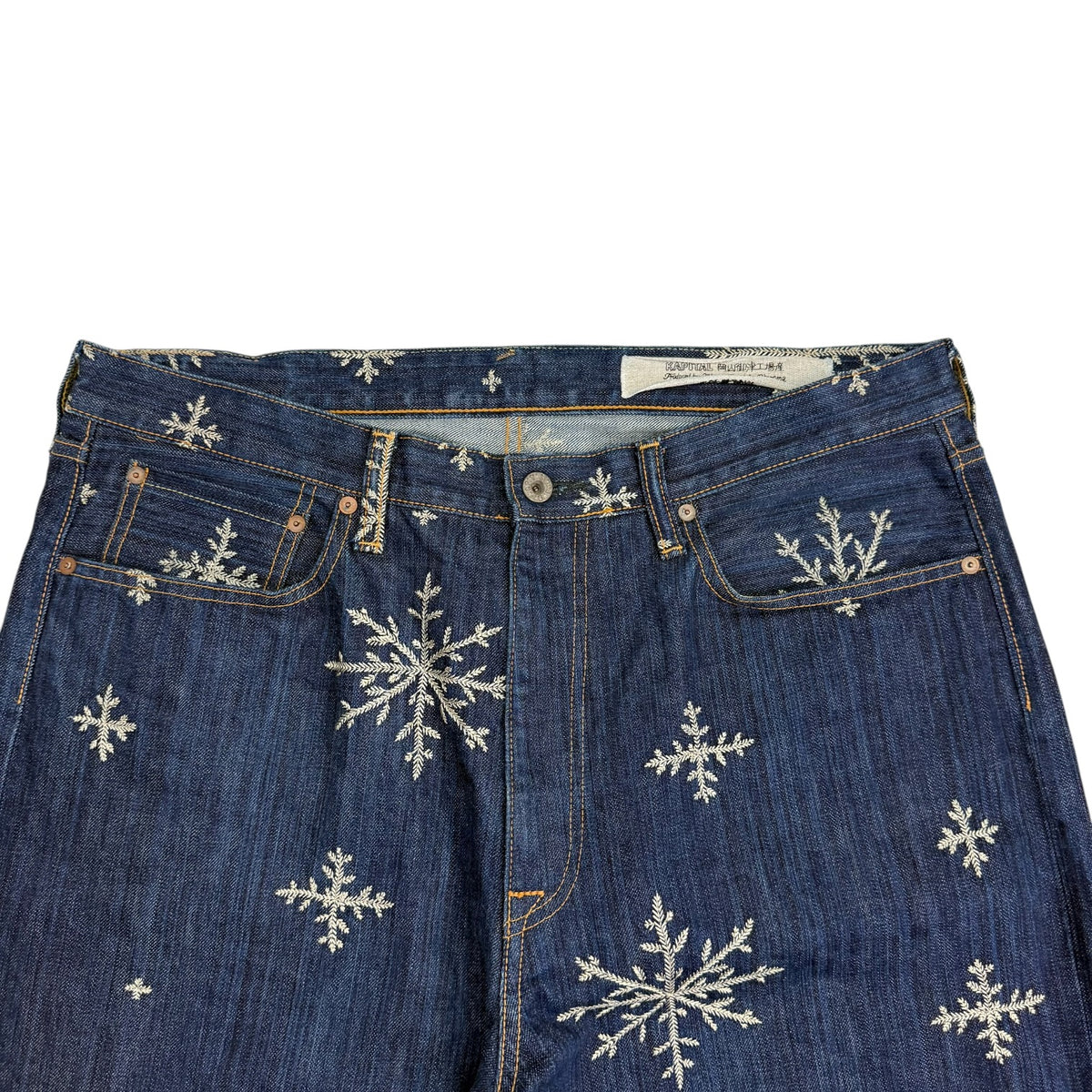 Kapital 14oz Denim Snow Pattern Embroidery 5P TH Straight Jeans Dark Indigo